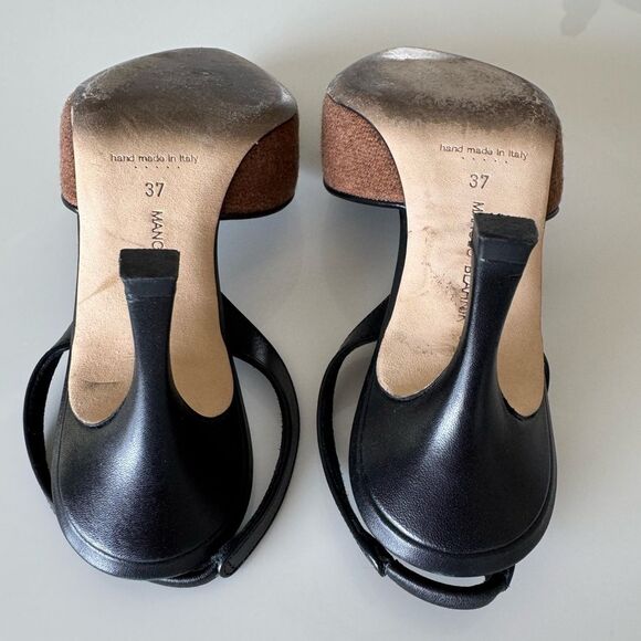 MANOLO BLAHNIK Brown Wool & Black Leather Buckle Mayslibi Heels EU 37 US 7 Shoes - Picture 7 of 10